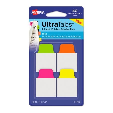 Avery Dennison Avery Ultra Tabs Repositionable Tabs, 1in x 1-1/2in, Neon: Green, Pink, Yellow, Orange, 40/Pack 74759